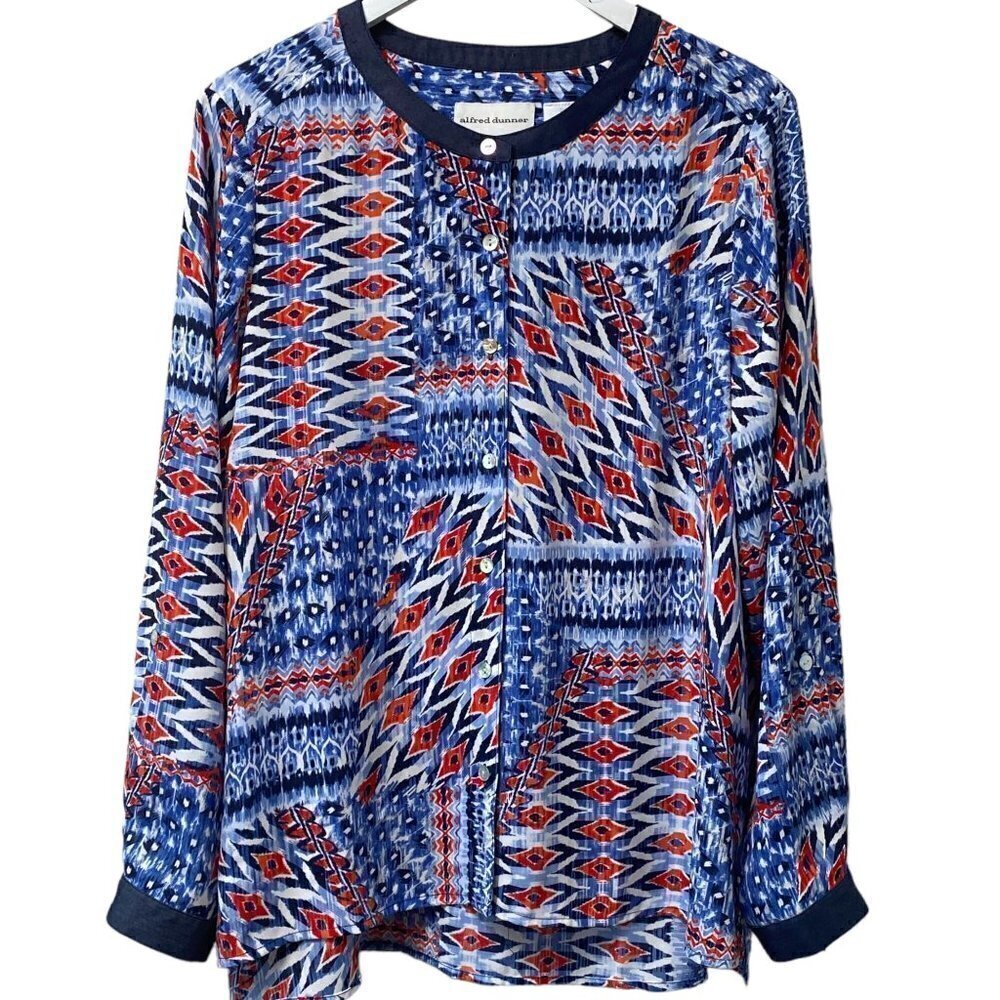 ALFRED DUNNER Blouse Size 16 Blue Boho Print Womens Tunic Top Long Sleeve